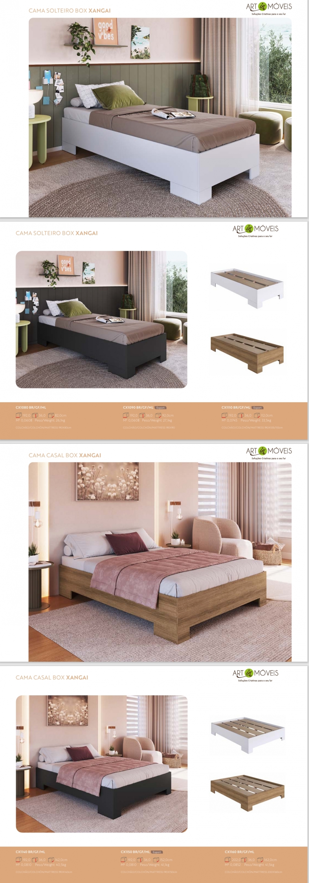 Cama Box Xangai | Casal e Solteiro | CX1080 - CX1090 - CX1110 -CX1140 -CX1150 -CX1160 | Art in Móveis 0825