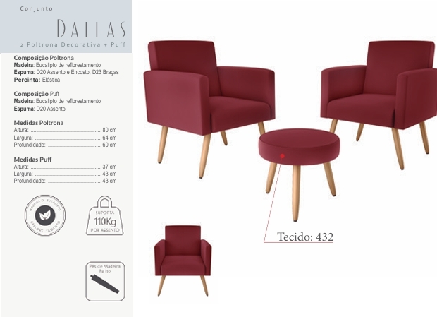  Conjunto Dallas 2 Poltronas Decorativas + Puff | Matrix 0925