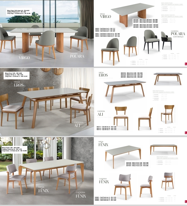 Conjuntos | Mesa Virgo + Cadeira Polara | Mesa Eros + Cadeira Ali | Mesa Fenix + Cadeira Fenix | Ferrati 0525