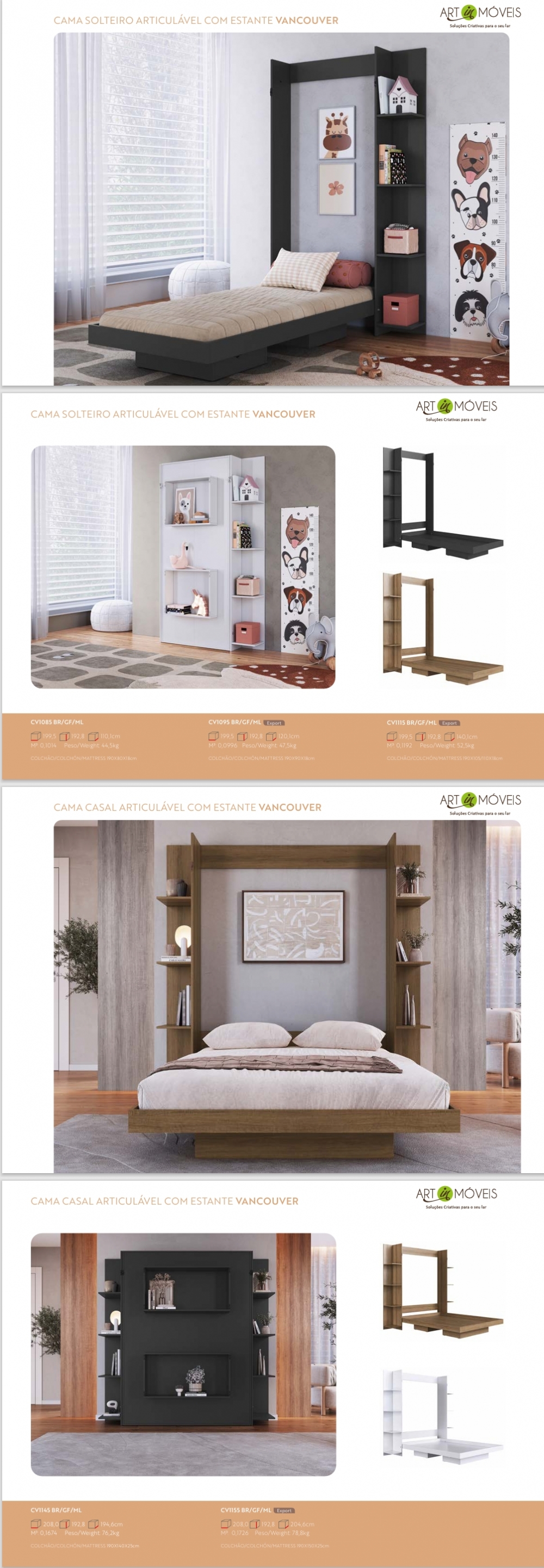 Cama Articulável c/Estante Vancouver | Casal e Solteiro| CV1085 - CV1095 - CV1115 - CV1145 - CV1155 | Art in Móveis 0825