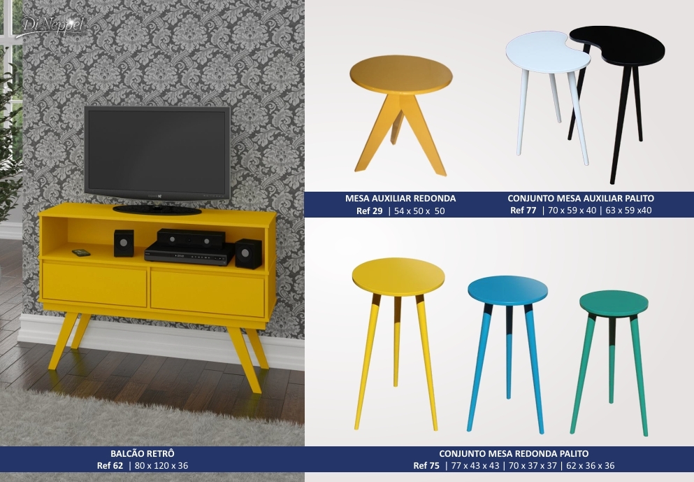 Linha Retrô | Balcão Retrô 62 - Conjunto Mesa Redonda Palito 75 - Mesa Auxiliar Redonda 29 - Conjunto Mesa Auxiliar Palito 77 | Di Neppel 0625
