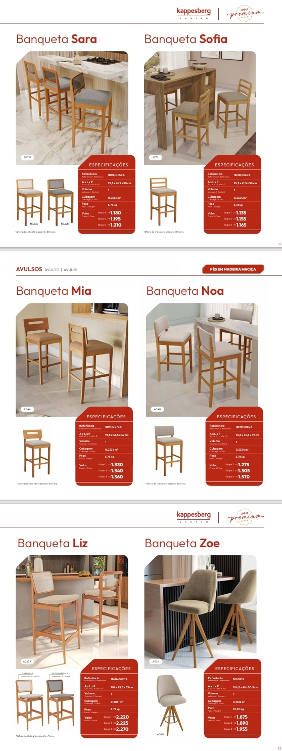 Banquetas | Sara - Sofia - Mia - Noa - Liz - Zoe| Venda:-60% | Kappesberg Sala de Jantar Premium 0825