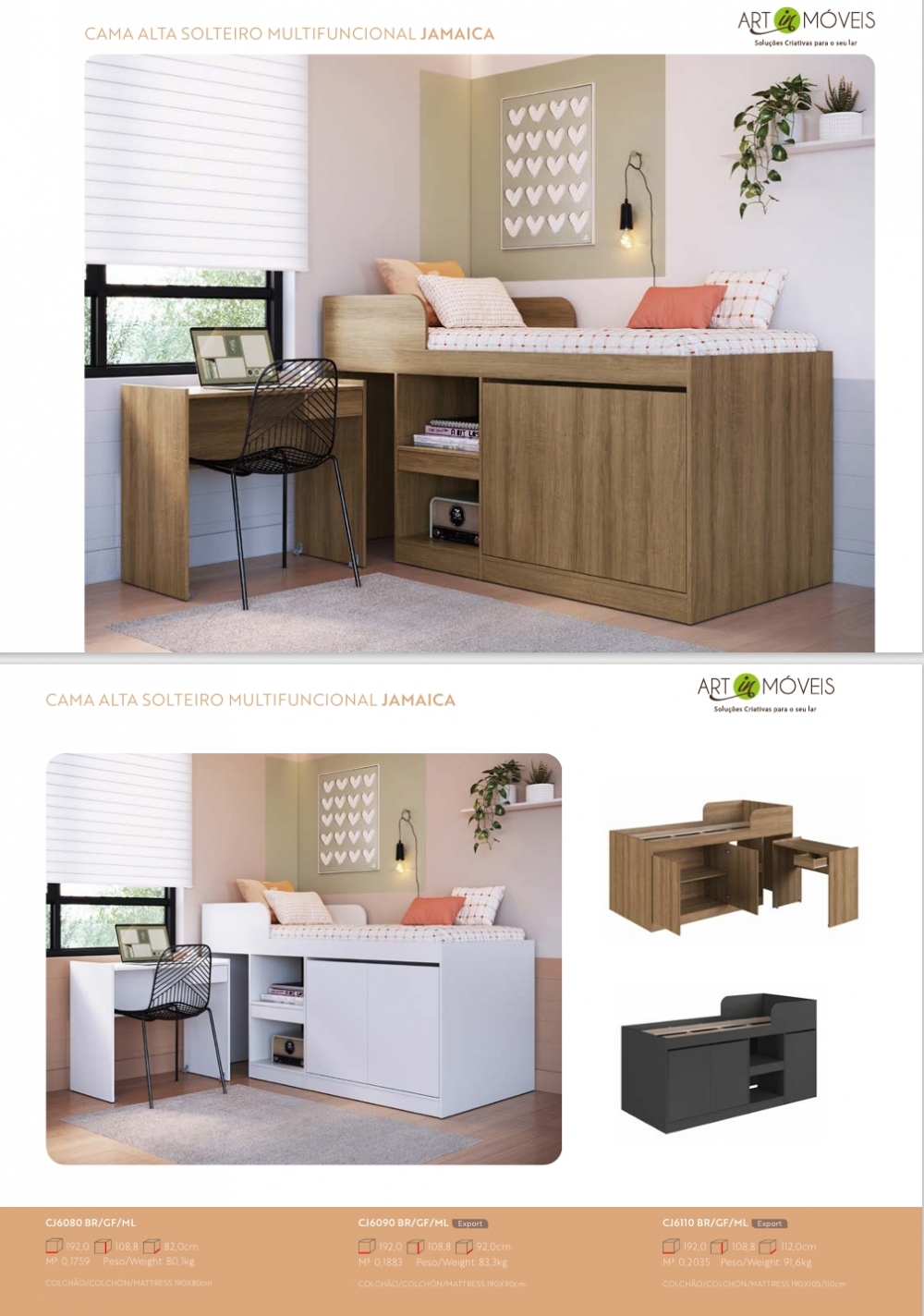 Cama Multifuncional Solteiro Jamaica | CJ6080 - CJ6090 -CJ6110 | Art in Móveis 0825