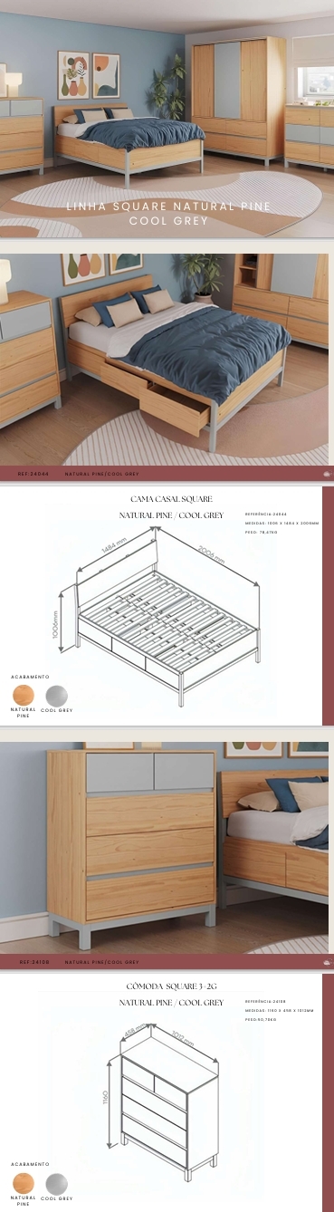 Linha Square Natural Pine Cool Grey | 23951  - 24165 - 24108  - 24044 | Móveis de Madeira 0825