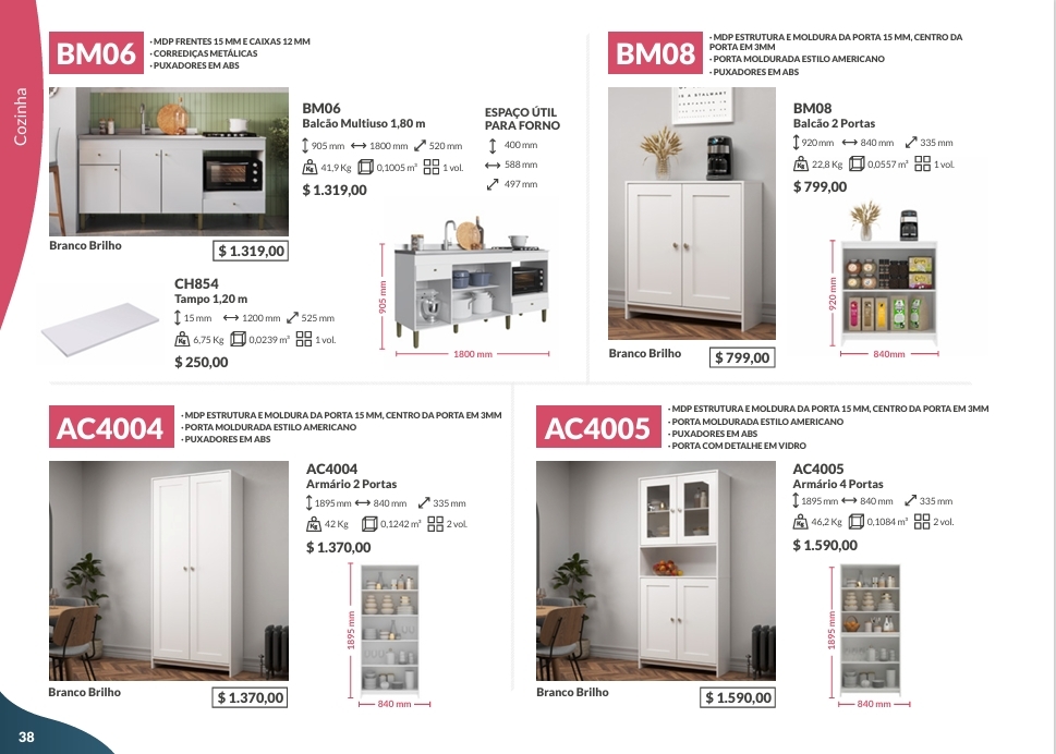 Linha De Cozinha | Balcão Multiuso / Balcão 2 Portas /Armários | BM06 -BM08 - AC4004 -AC4005| Decibal Venda : -60% 0925