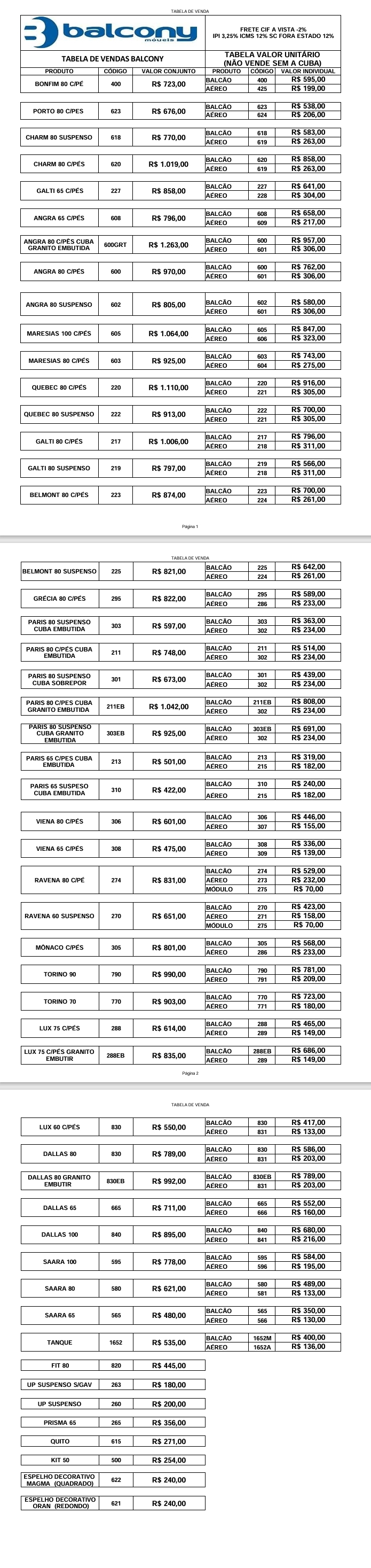 ZBalcony | Tabela de Valores | Venda:+50% | 0925