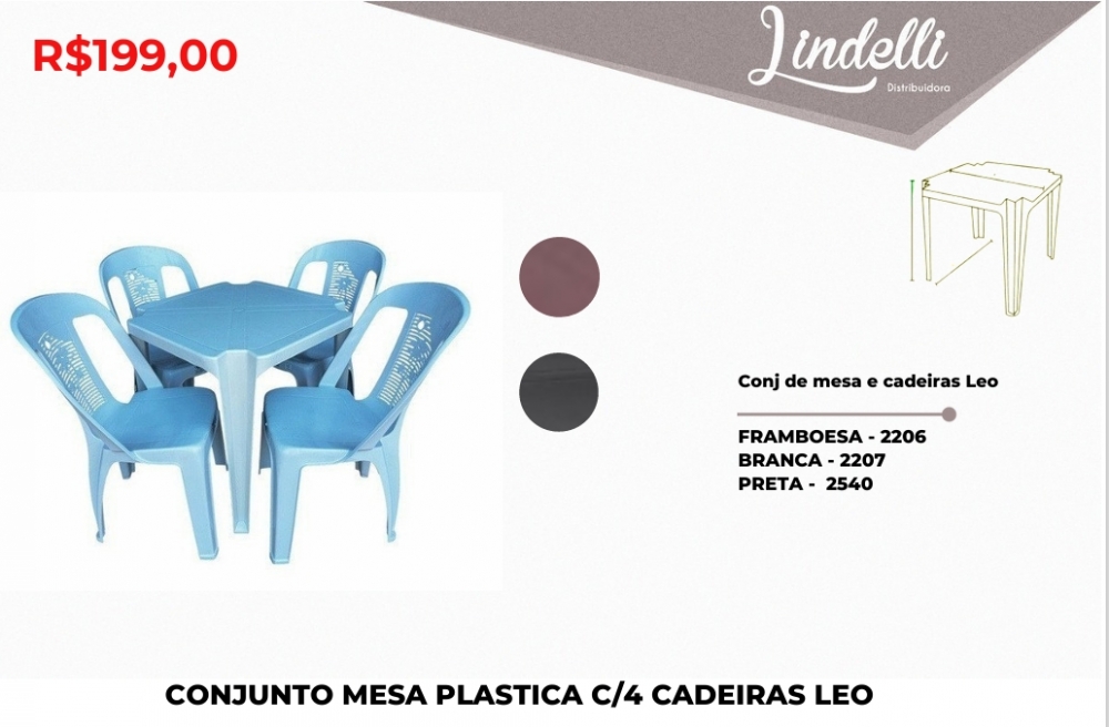 Conjunto mesa plástica c/ 4 cadeira leo | Lindelli Venda: +50% 0825