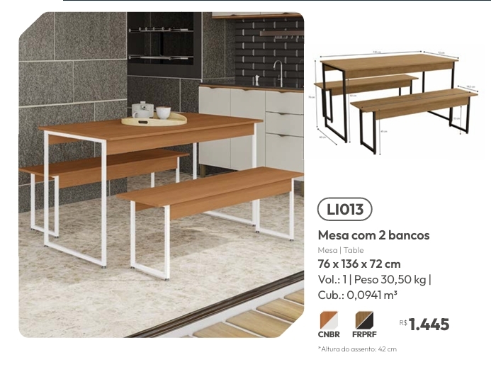 Mesa c/02 Bancos | LI013 | Venda:-62% | Kappesberg Crome 0925