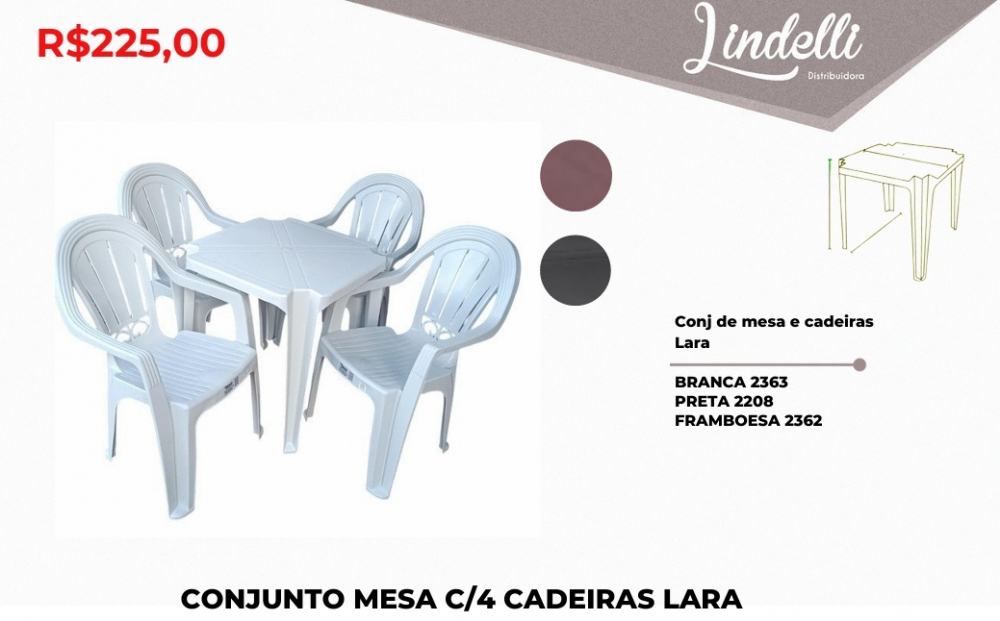Conjunto mesa plástica c/ 4 cadeiras lara | Lindelli Venda: +50% 0825