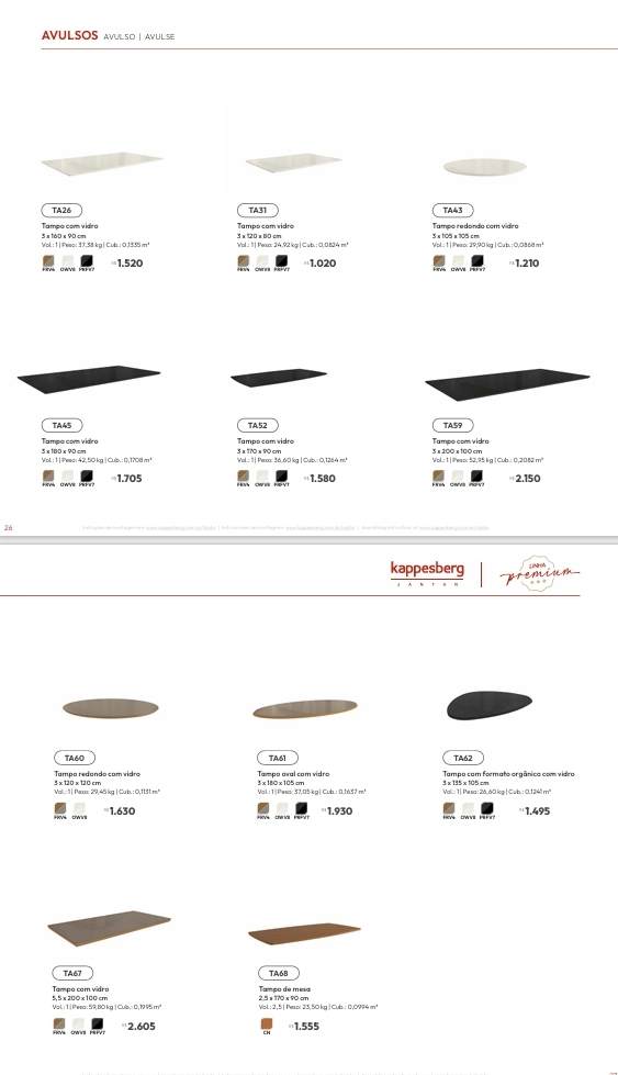 Tampos | TA26 - TA31 - TA43 - TA45 - TA52 - TA59 - TA60 - TA61 - TA62 -  TA67 -  TA68 | Venda:-60% |  Kappesberg Sala de Jantar Premium 0825