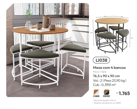  Mesa c/04 Bancos | LI038 | Venda:-62% | Kappesberg Crome 0925