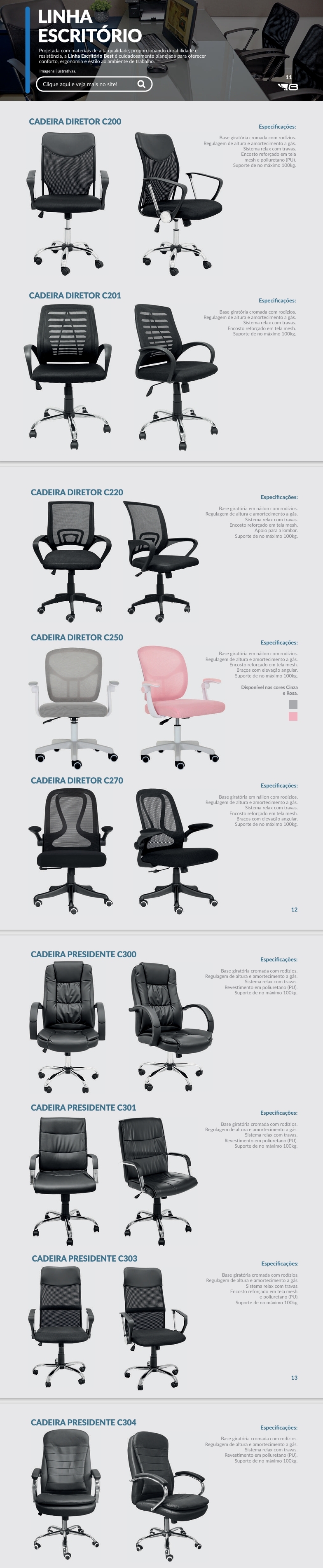 Linha Escritório | Cadeiras | C200 - C201 - C220 - C250 - C270 - C300 - C301 - C303 - C304 - C305 | Best